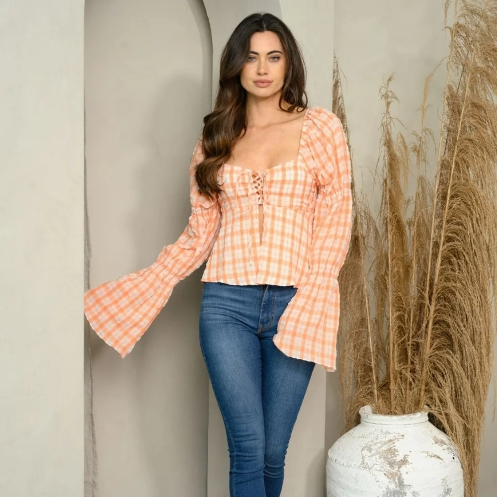 Orange Plaid Boho Blouse | Bell Sleeve Lace-Up Top - Picture 4 of 7